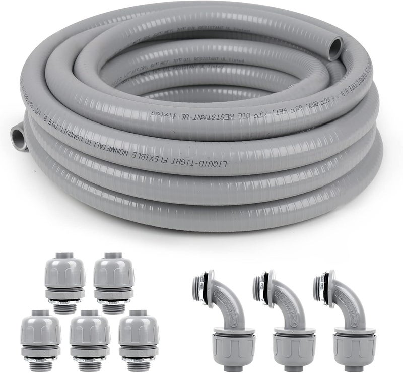 Elecoman 1 inch 25ft Liquid-Tight Conduit and Connector Kit,Flexible Non-Metallic Liquid Tight Electrical Conduit Kit with 5 Straight and 3 90-Degree Connector Fittings,1in. Dia - Image 1